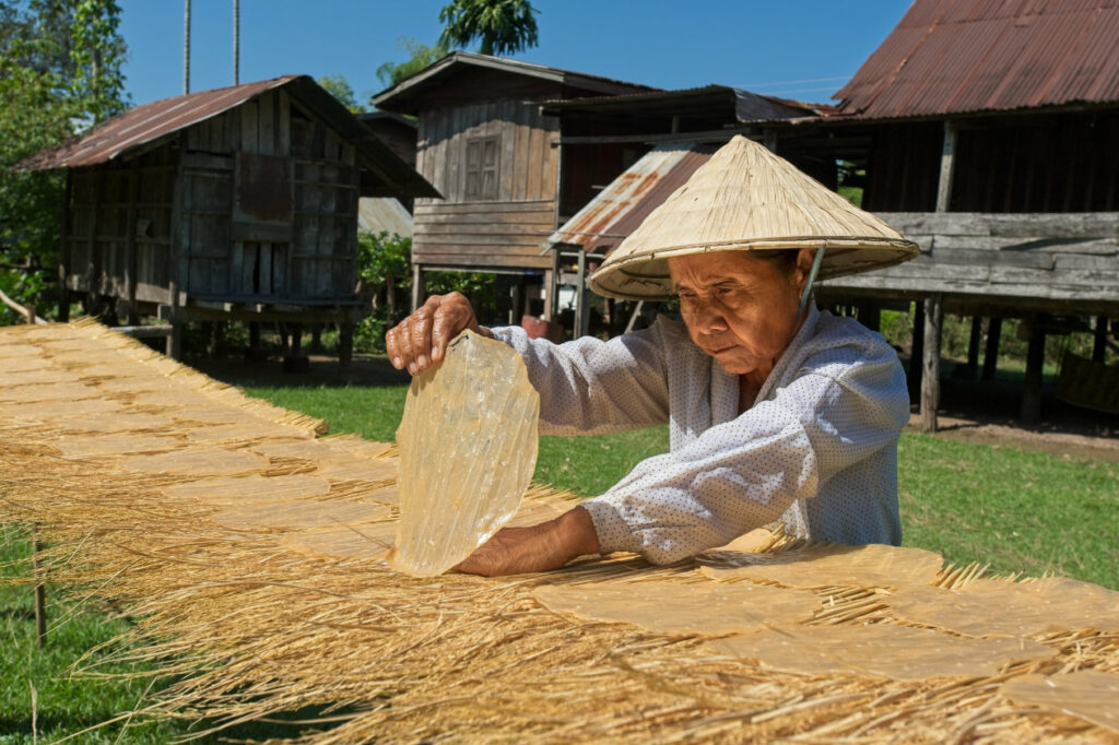 Fabrication artisanale de feuilles de riz à Don Khong